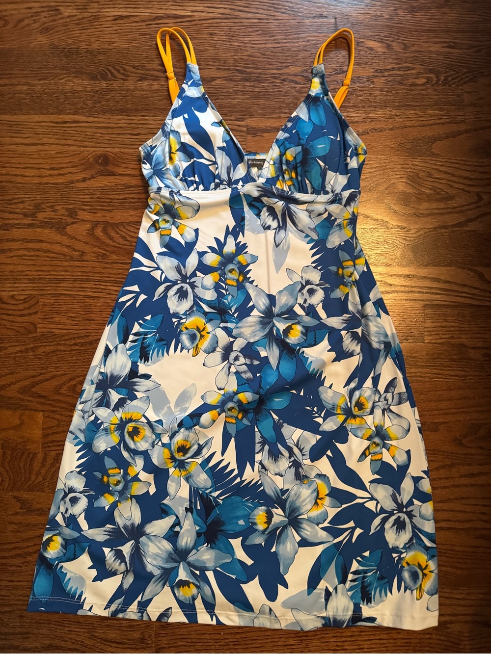 Tommy Bahama Blue Floral Swim Coverup with Yellow Straps - Picture 3 of 5